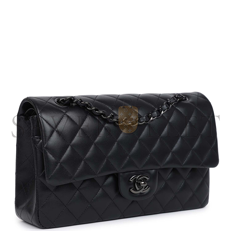Ch*el medium classic double flap bag so black lambskin black hardware 1109944 (25*15*7cm)